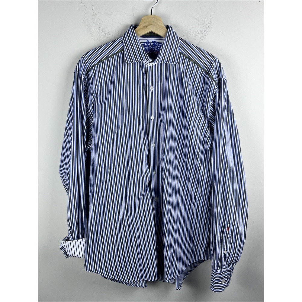 Robert Graham Men's Large Blue White Stripe Flip Cuff Long Sleeve Button Shirt